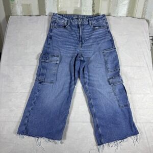 America Eagle Women's Curvy Super High-Rise Baggy Wide Leg Jeans Blue Stretch 14
